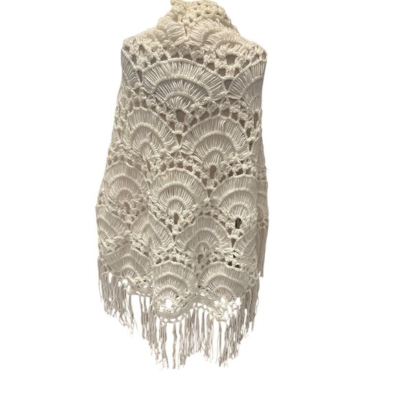 Hand-Crocheted Ivory Fringe Shawl Wrap | Boho Festival Cottagecore Macramé Knit - Picture 4 of 6